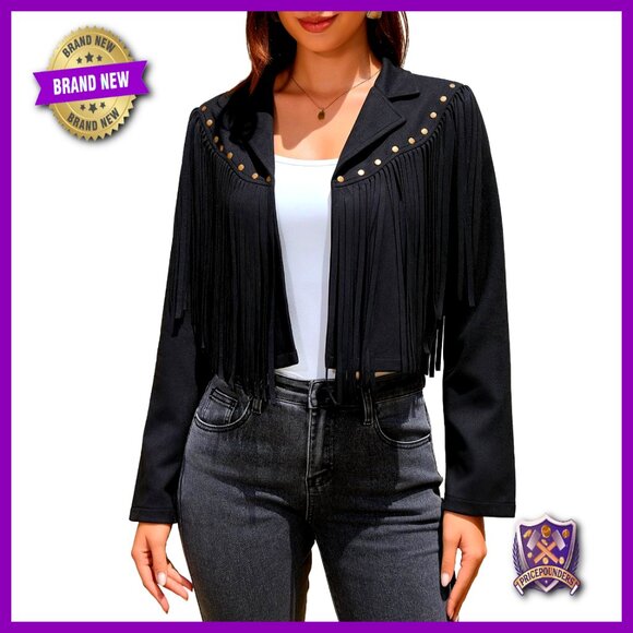 Faux Suede Fringe Jacket Cropped Western Motorcycle Style with Rivets